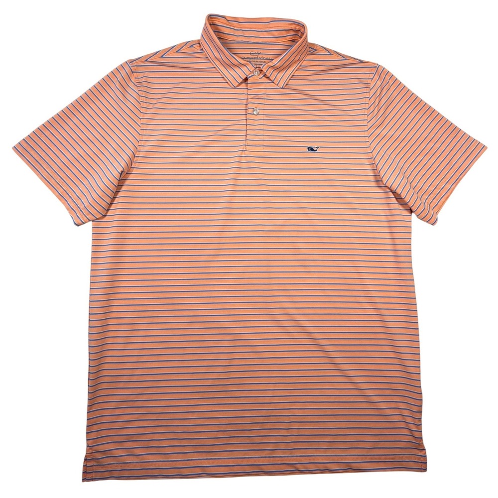 Vineyard Vines Performance Polo Shirt‎ Mens Large Orange Blue Striped Golf Whale